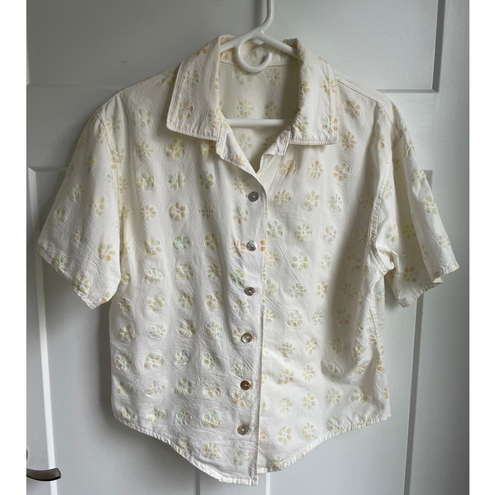 Vintage Cottagecore Floral Seersucker Short Sleeve Button Up Camp Shirt Top M L